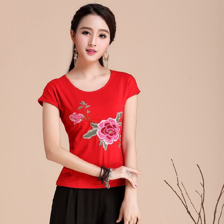 Trung quốc phong cách nhảy vuông nhảy múa cotton của phụ nữ gió quốc gia dài tay t-shirt thêu hoa đáy áo sơ mi kích thước lớn áo sơ mi