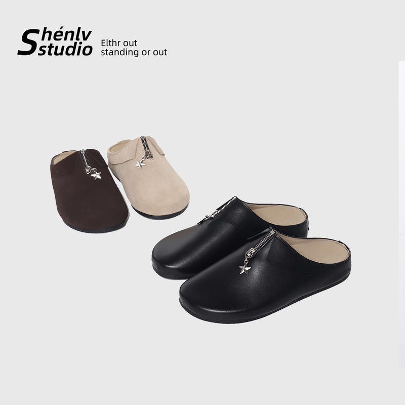 Shenlv Studio Suit-Style Casual Zip-Up Birkenstock-Style Lazy Half-Slip Mules Men's Commuter Slippers