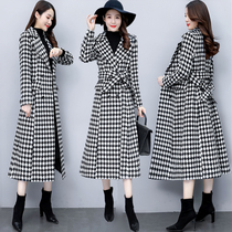 Long woolen coat womens winter 2021 new Korean waist houndstooth coat thickened over-the-knee woolen coat