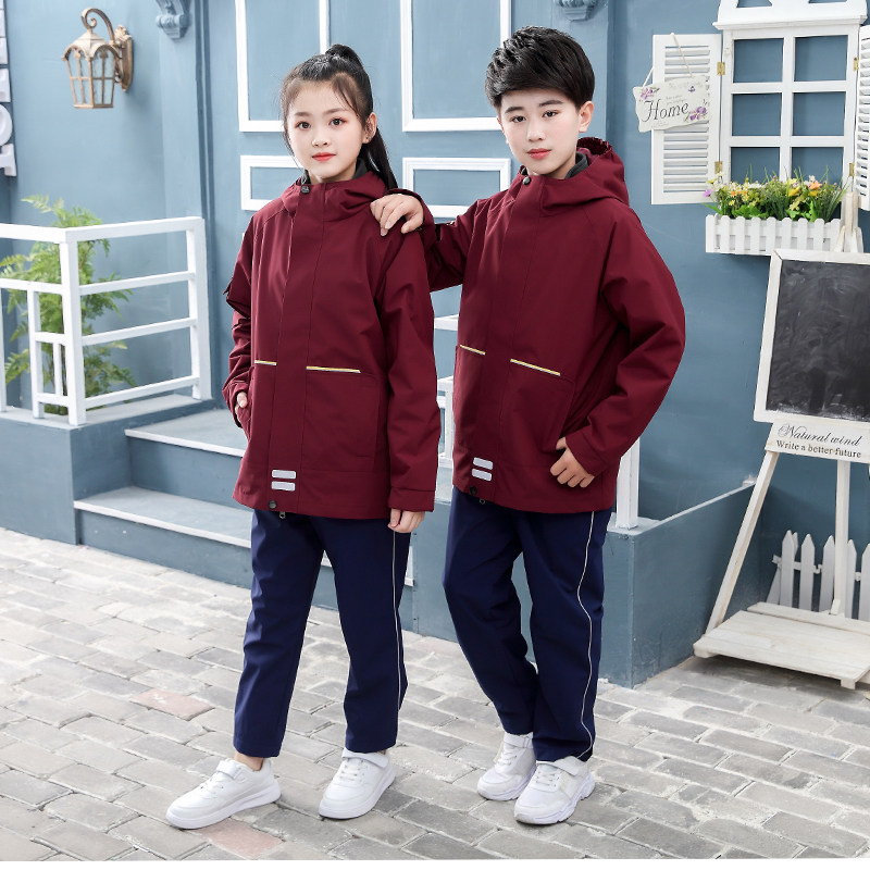 Student Wine Red School Uniform for men and women Winter Two sets of teenagers custom punching pants suit rocking grain suede liner