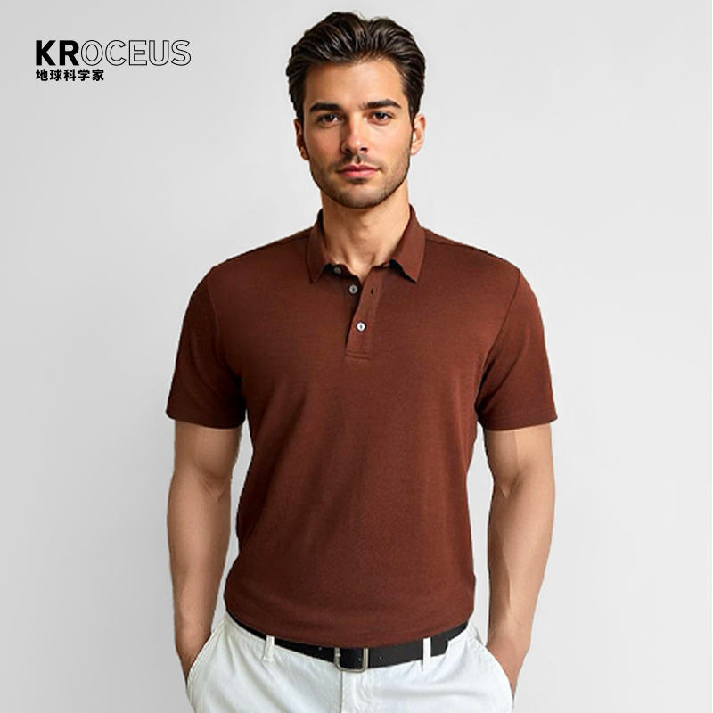 Kroceus Earth Scientist Men's Merino Wool Short Sleeve Polo Shirt Natural Antibacterial and Odor-Resistant T-Shirt
