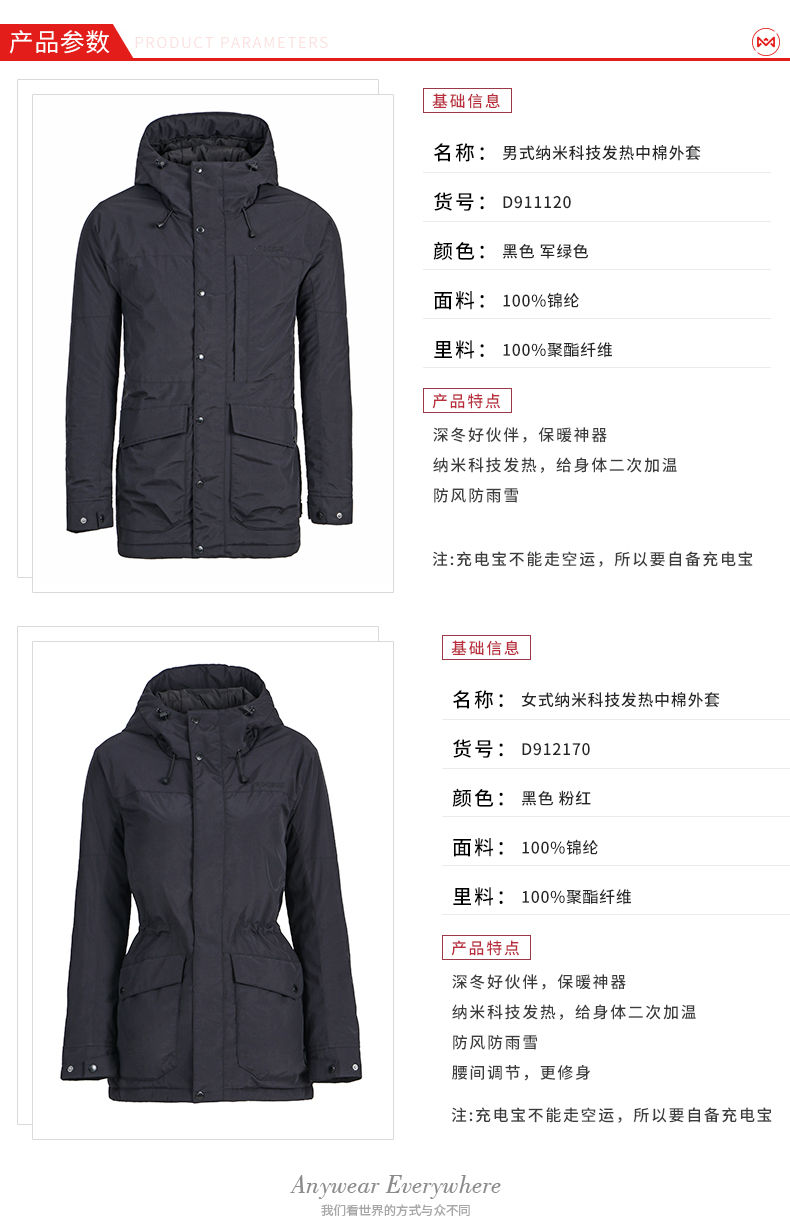 地球科学家 冬季新款 温控发热 男女防水中长款棉服 图3