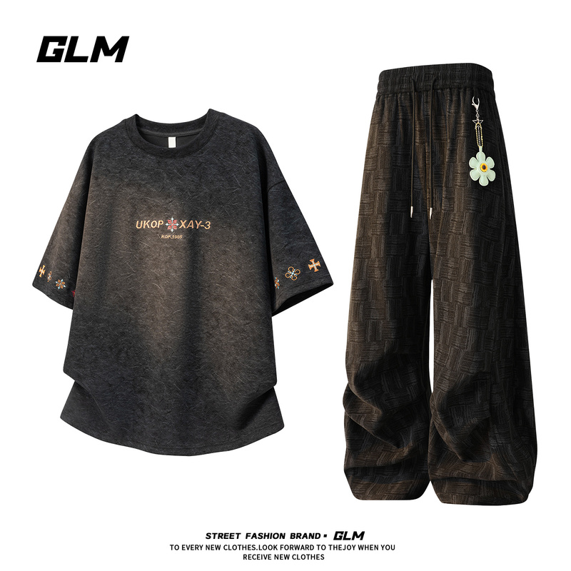 Glm American-Style Heavy-Duty Design Embroidered Tie-Dye Short-Sleeve T-Shirt Set for Men and Women, Summer Drapey Casual Pants Two-Piece Set