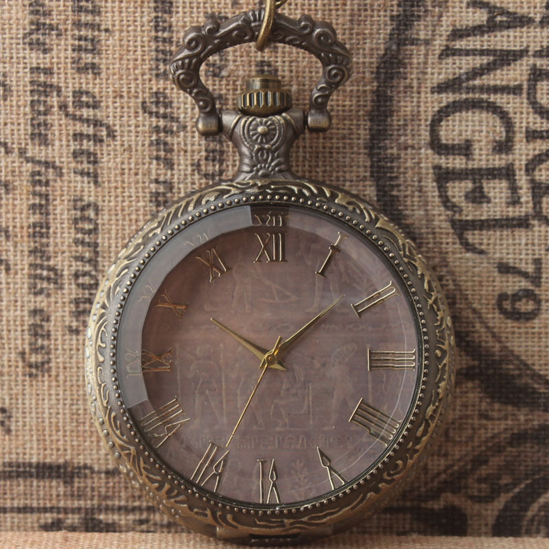 Classic Nostalgic Ancient Round Pattern Back Cover White Glass Retro Large Quartz Pocket Watch Ancient Egypt Classic Nostalgic Ancient Round Pattern Back Cover White Glass Retro Large Quartz Pocket Watch Ancient Egypt