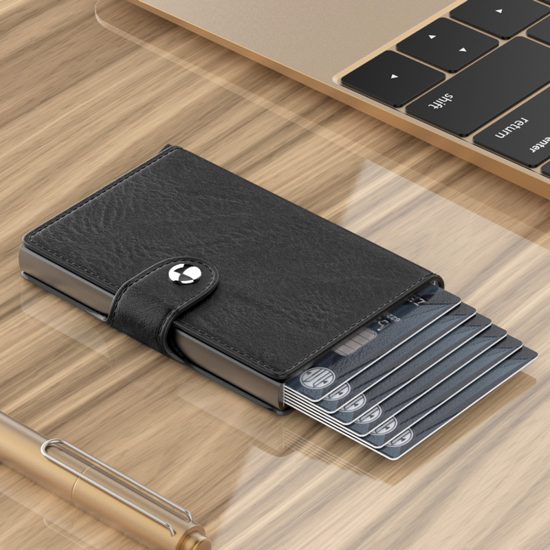 Simple card box men's and women's ultra-thin mini leather anti-theft brush automatic pop-up large-capacity aluminum alloy card case