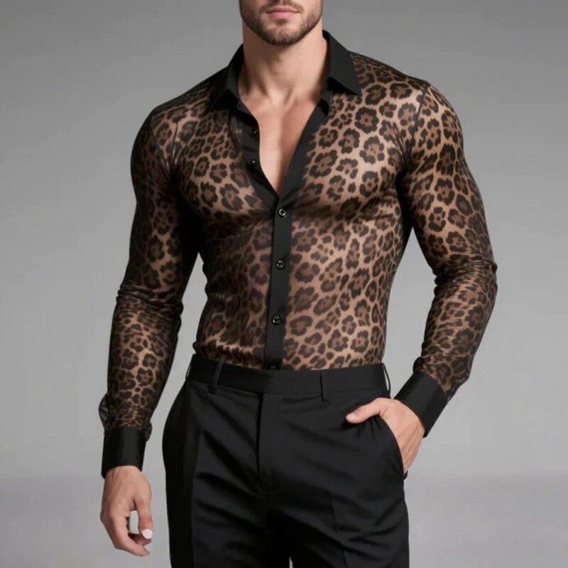 2026 Spring/Summer New European and American Men's Breathable Long-Sleeve See-Through Printed Shirt Fashion Party Sexy Mesh Shirt 2026 Spring/Summer New European and American Men's Breathable Long-Sleeve See-Through Printed Shirt Fashion Party Sexy Mesh Shirt