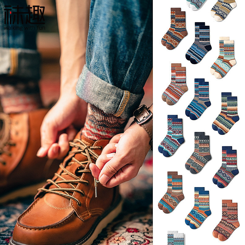 Socks Fun Socks Men's Autumn and Winter Mid-Calf Socks Ethnic Style Long Socks Retro American Workwear Socks Amekaji Socks