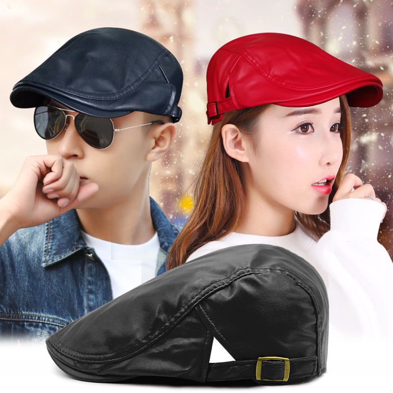 Korean hat men and women autumn and winter PU leather solid color beret ladies outdoor British forward hat all-match cap women