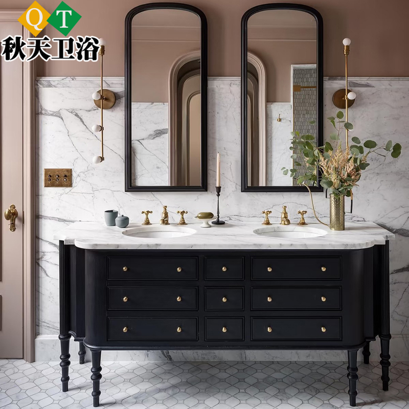French-Style Vintage Solid Wood Bathroom Cabinet Set, Floor-Standing Black Washbasin Vanity Unit with Sink and Bathroom Cabinet