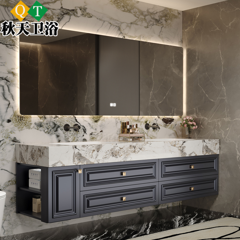 French-Style Vintage Solid Wood Bathroom Cabinet with Double Sink, Seamless Rock Slab Basin, Suspended Bathroom Cabinet, Washbasin, Sink