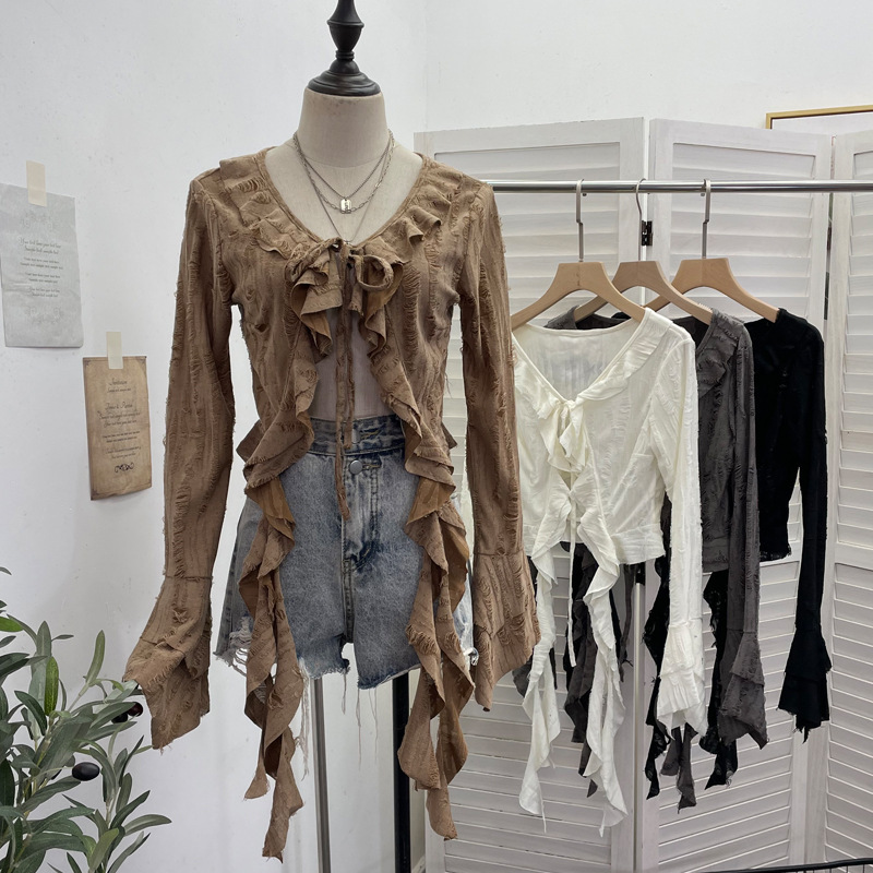 Lazy Wasteland Style Asymmetrical Streamers Ruffled Straps Ripped Cardigan Top Short Long Sleeves Outer Wear for Women Trendy