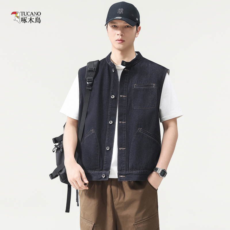 Woodpecker 2026 Autumn New Workwear Style Denim Vest Men's Stand Collar Cardigan Sleeveless Vest Cleanfit Woodpecker 2026 Autumn New Workwear Style Denim Vest Men's Stand Collar Cardigan Sleeveless Vest Cleanfit