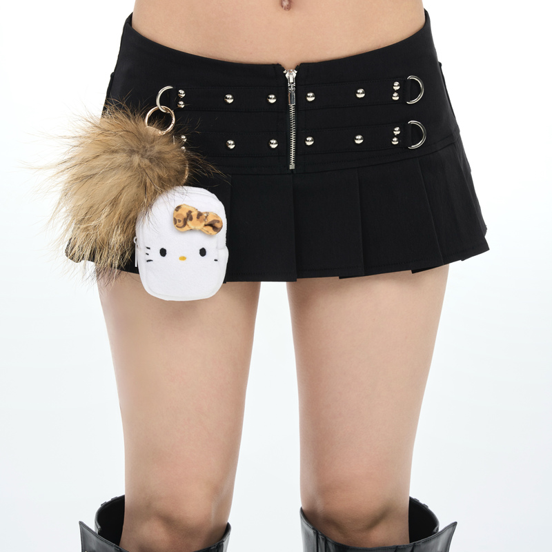 Onnasenshi Original Rivet-Decorated Zipper Pleated Ultra-Short Little Black Dress with Built-In Safety Shorts Low-Waist Short Skirt