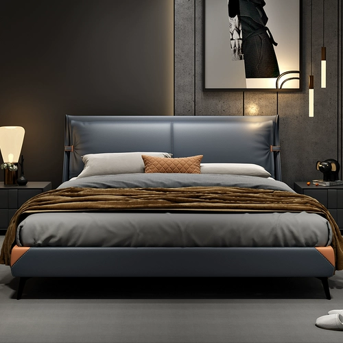 Итальянская минималистичная кожаная кровать, двуспальная кровать, современная минималистская светлая главная спальня, роскошная скандинавская мягкая упаковка, американская свадебная кровать с пневматическим хранилищем