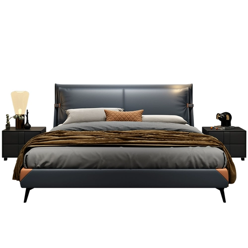 Итальянская минималистичная кожаная кровать, двуспальная кровать, современная минималистская светлая главная спальня, роскошная скандинавская мягкая упаковка, американская свадебная кровать с пневматическим хранилищем