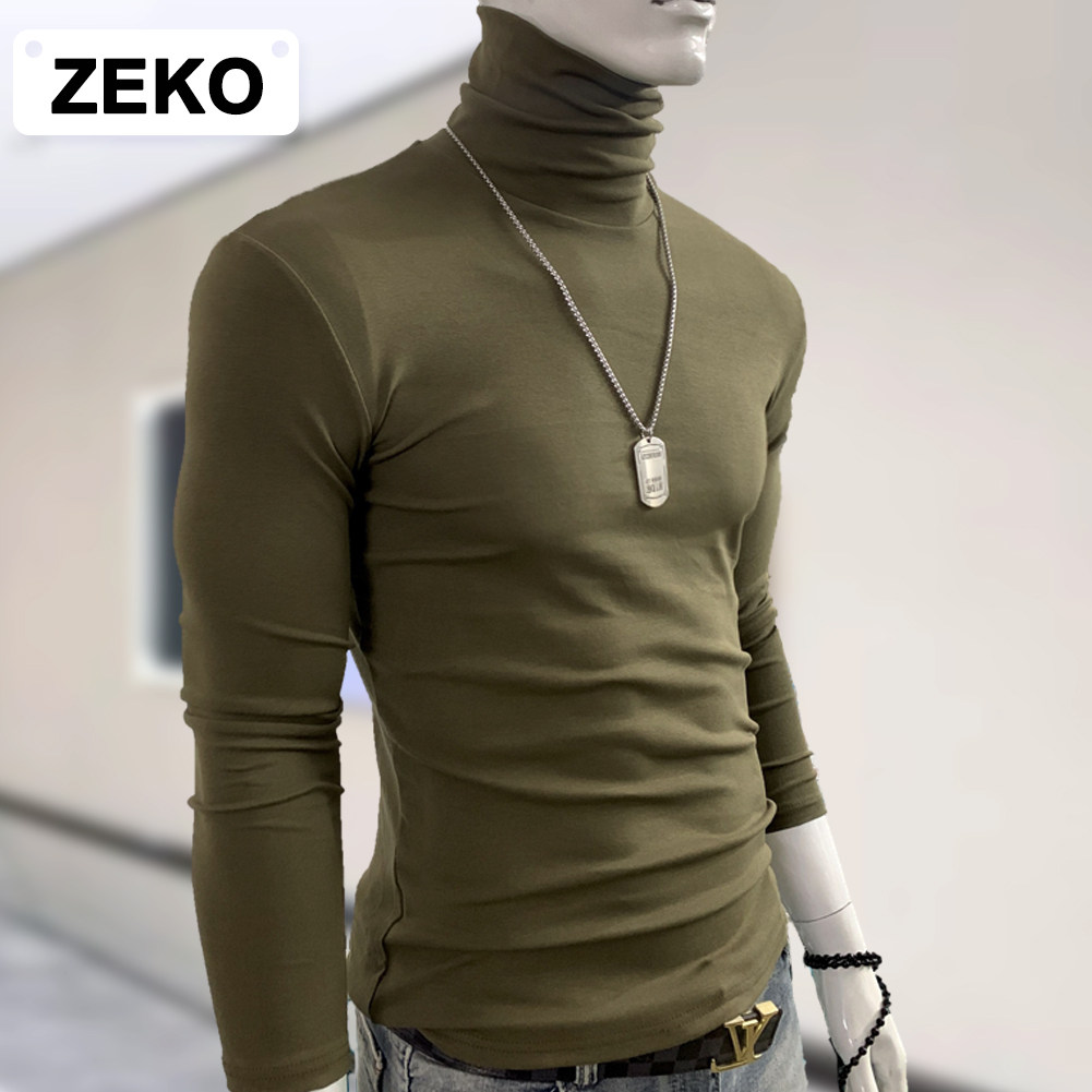 メンズ ハイネック ベースレイヤー 長袖 T シャツ、スリムフィット、冬秋用、暖かい、タイトフィット、セミハイカラー、無地、綿、トレンディ。