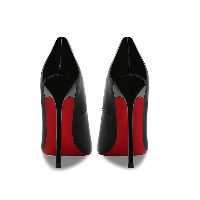 2023 Spring and Autumn New Patent Leather Black Thin Heel Pointed Toe Super High Heels Women's Professional Sexy 12cm Red Sole Shoes