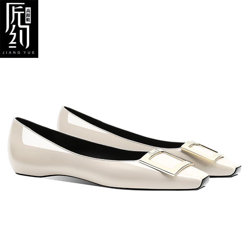 2026 New Style White Square-Toe Flat Shoes with Hidden Height Increase, Women's Square Buckle Professional Commuting Large Size Shoes with a High-End Feel