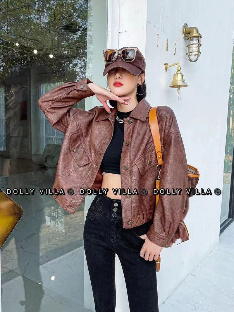 Locomotive washed leather emulation short leather clothing jacket woman 2021 new autumn fit small sub 100 lap PU leather jacket