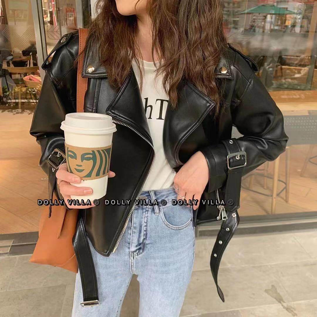 2021 Spring new Korean version Relaxed Casual Fashion Temperament High Quality Pu Leather Jacket Cappelled Machine Leather Jacket Woman