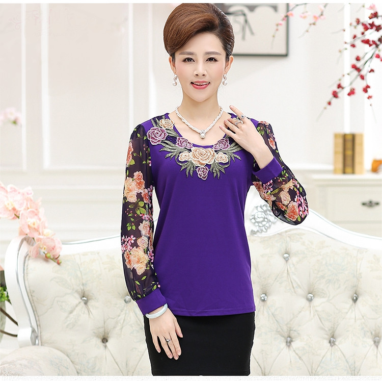 Áo phông dài tay mùa xuân cho phụ nữ trung niên 40-50 mẹ tải áo sơ mi mùa xuân và mùa thu áo sơ mi mùa hè trong tay áo T áo khoác cho mẹ 40 tuổi