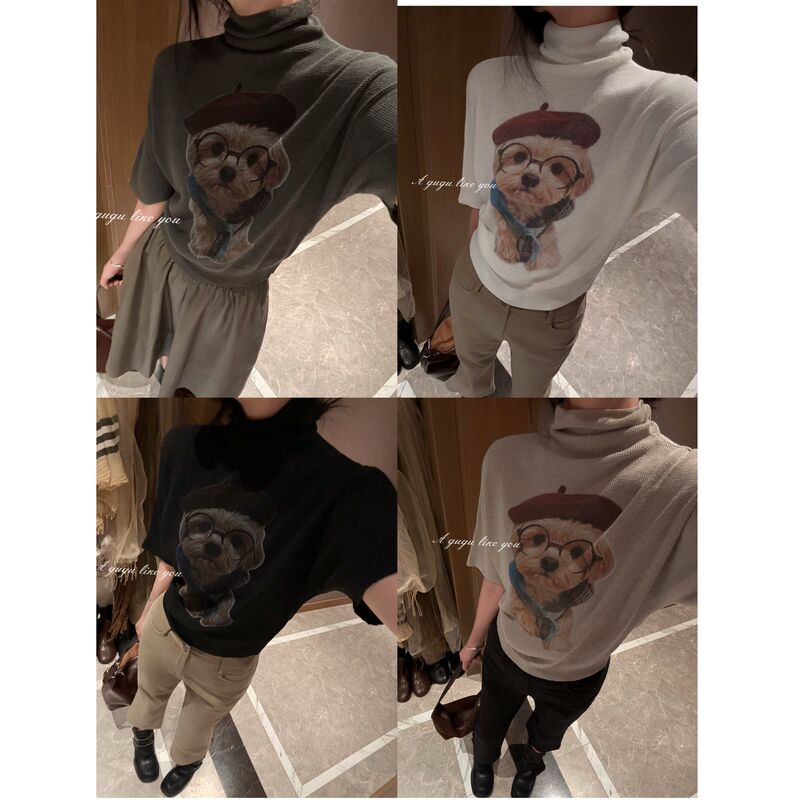 【Gugu】Waffle Knit Dog-Themed Korean Cartoon Print Slim-Fit Half-High Collar Knit Top G26720