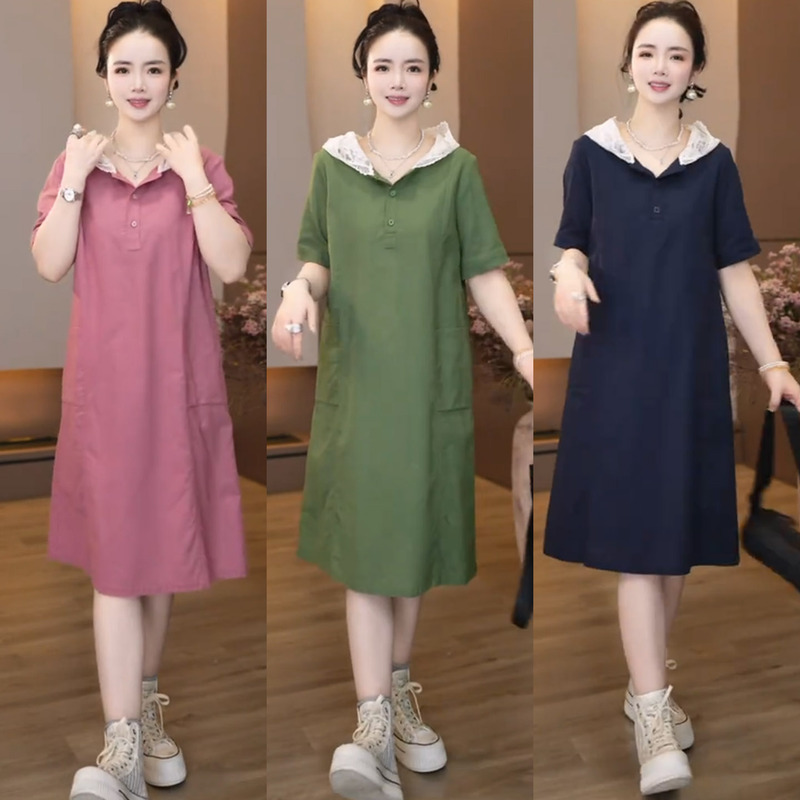 Fashionable Lace Hooded Plus-Size Dress for Women 2026 New Korean Style Loose Fit Tummy-Concealing Slimming Mid-Length Dress