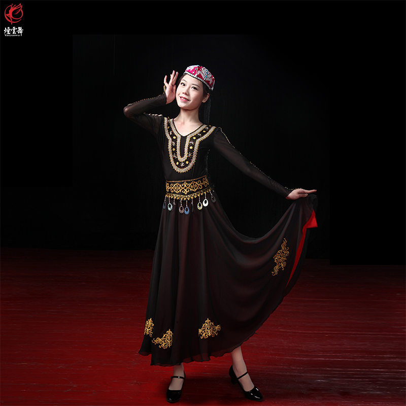 Smoke cloud dance Xinjiang Uyghese black red double layer snow spinning imitation real silk embroidered Virgino dress dance practice to show clothes