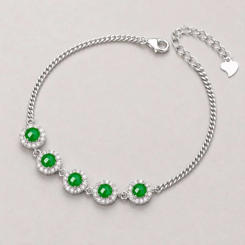 Premium Women's Bracelet Made of Natural Guatemalan Jade, Ice-Type, Light Luxury, Niche, Exquisite, with S925 Sterling Silver Inlay, Cuban Style