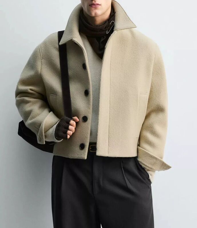 2025 Autumn/Winter New Men's Turn-Down Collar Wool Blend Jacket Loose Casual Versatile Padded Jacket 1564400