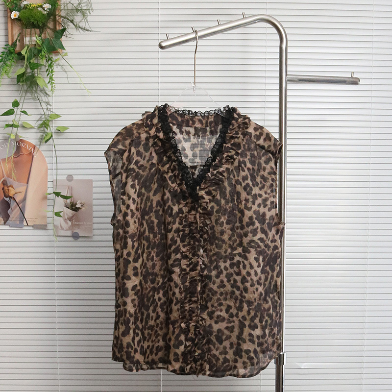 F Tea Lady European Station 2026 Summer New V-Neck Ruffled Lace Leopard Print Ramie Vest 9623