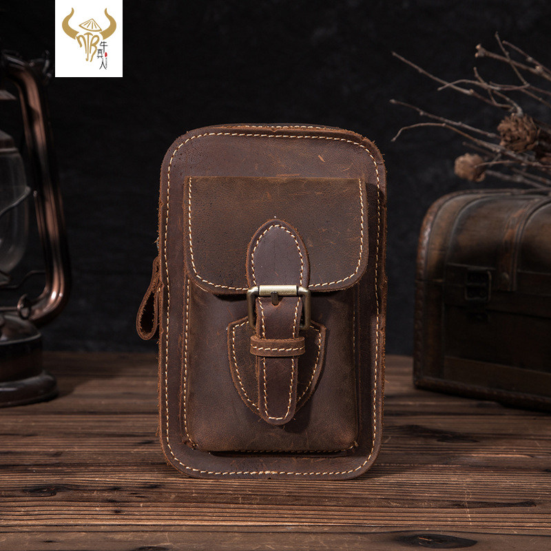 Waist bag men's genuine leather top layer cowhide multi-functional wearing belt men's waist bag casual outdoor retro waist bag street trendy bag