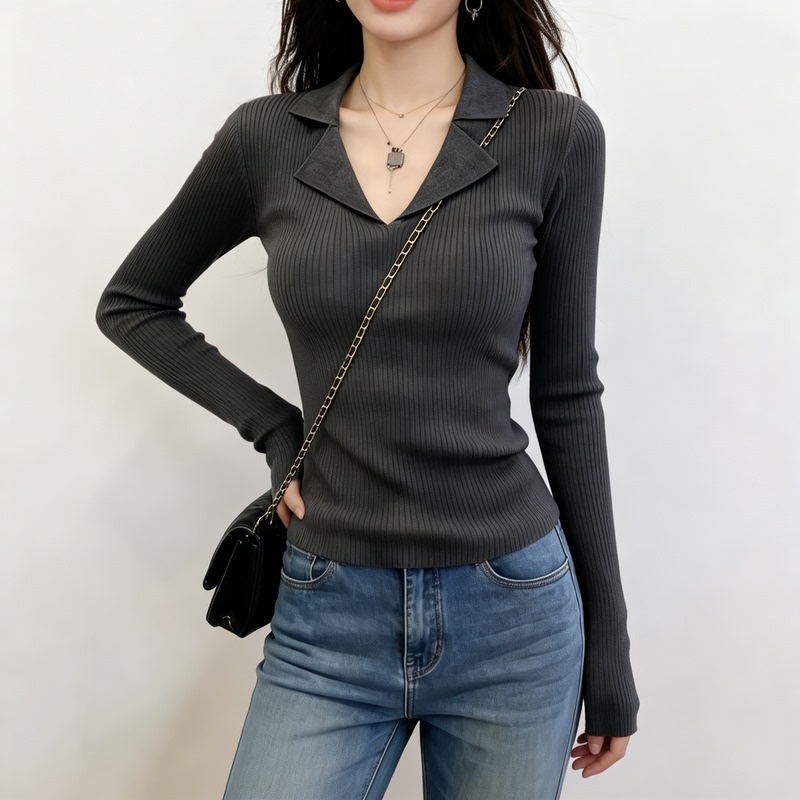 Korean-Style High-End Dark Gray Long-Sleeve Knit Sweater for Women, Slim Fit, Unique Top