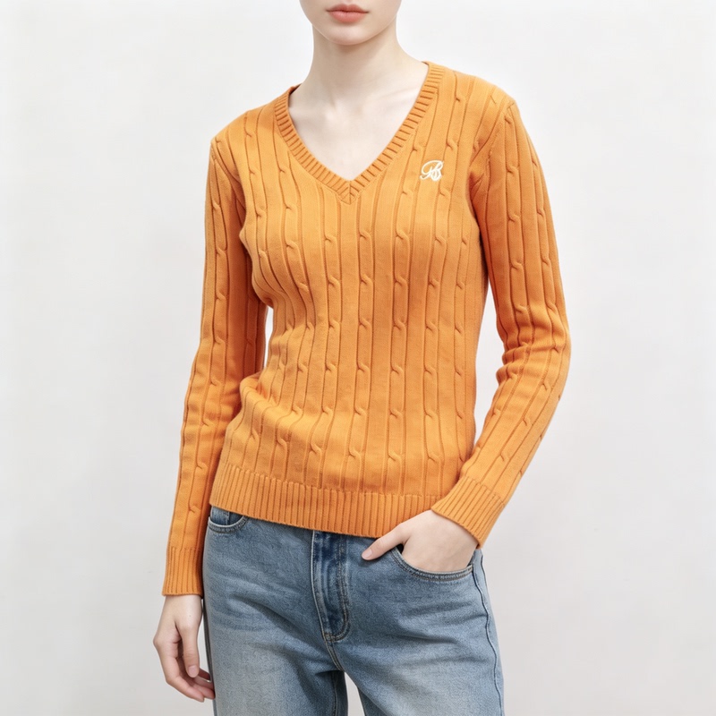 Korean-Style V-Neck Cable-Knit Sweater for Women, Long-Sleeved, Slim-Fit, Orange Sweater, Unique and Beautiful, Age-Reducing Inner Wear Top