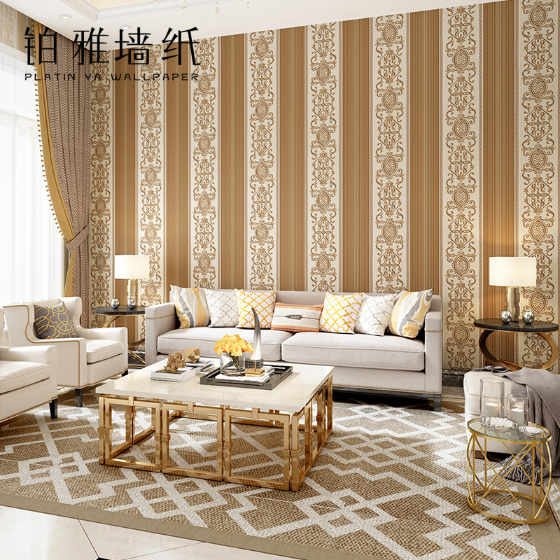 3D three-dimensional fine pressure European stripe wallpaper vertical bedroom background wall living room wallpaper household luxury golden red