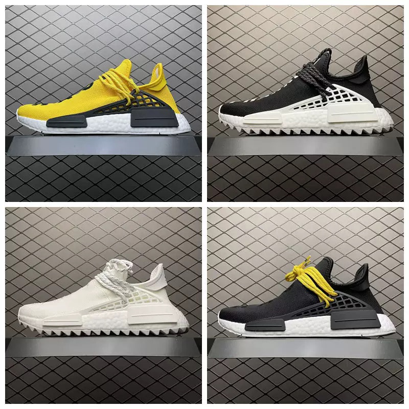Pharrell Williams Collaboration with Basf Nmd Platinum Pure White Black Yellow Authentic Popcorn Running Shoes for Men and Women in Large Sizes