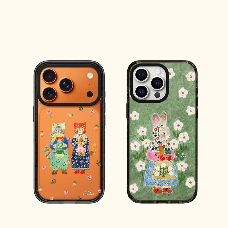 Artist Aiko Fukawa Co-Designed Graffiti Illustration Floral Cat and Rabbit Phone Case Suitable for iPhone 17, 16 Pro Max, Apple 15 Pro, Magnetic Magsafe Transparent Case for 14 Plus/13