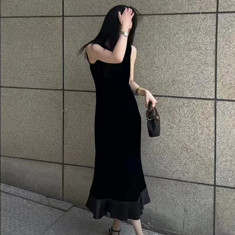 Spring and Summer New Black Swan Hem Acetate Silk Velvet Slim Round Neck Long Dress Skirt Long Skirt