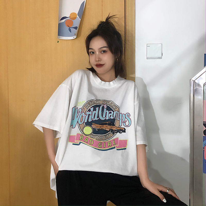 Real shot short sleeve t-shirt female 2021 summer new Korean alphabet medium length top large women's clothing