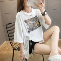 Real shot short sleeve T-shirt women's summer 2021 new pleated drawstring Korean round neck top large women's clothing
