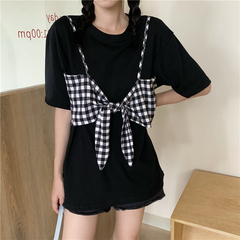 Two bowknot short sleeve T-shirt women's mid length top
