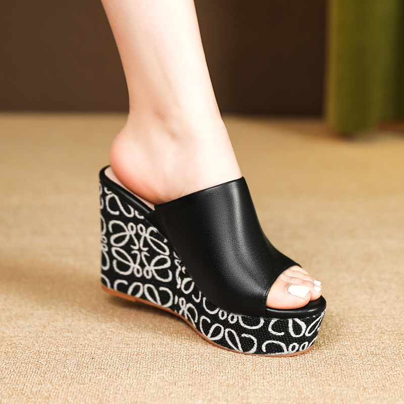 Summer New Style Full Genuine Leather Thick-Soled Wedge High-Heeled Roman-Style Sandals, Slip-On Platform French Half-Slippers for Women