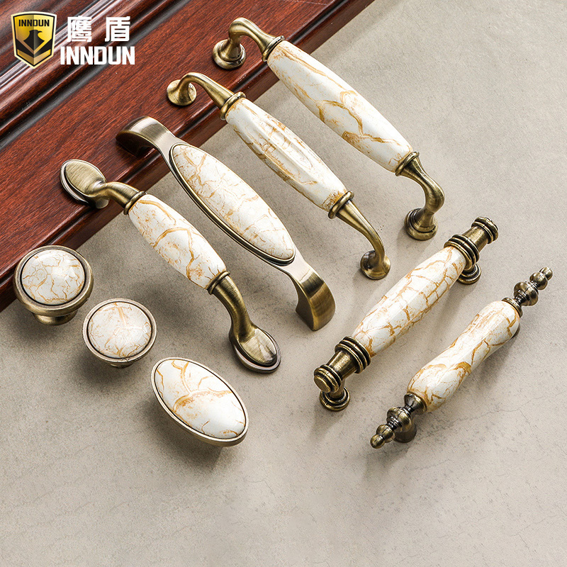 Eagle Shield new Chinese marble ceramic handle European style antique bronze cabinet drawer cabinet drawer wardrobe door handle simple
