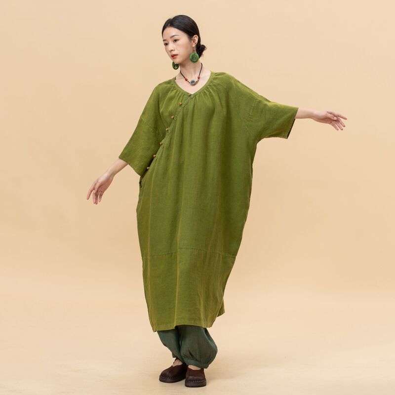 【By】 Designer Brand Original Round-Neck Linen Dress, Loose Fit, Elegant, Diagonal Placket, Bodhi Button Robe for Women 【By】 Designer Brand Original Round-Neck Linen Dress, Loose Fit, Elegant, Diagonal Placket, Bodhi Button Robe for Women