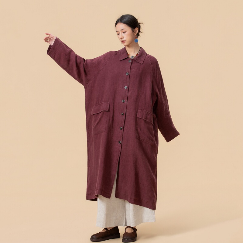【By】 Designer Brand Original Vintage Lapel Linen Versatile Stylish Trench Coat with Large Pockets Long Coat