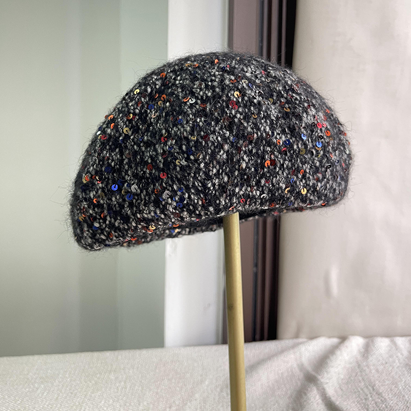 Alpaca Wool Sequin Beret for Women, Autumn and Winter Fashion, Versatile Artist Hat, Socialite Beret