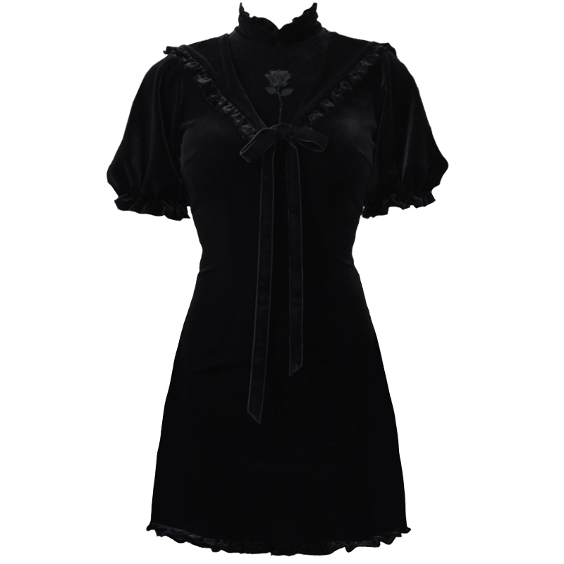 Spot original improved dark girl gothic rose navy collar velvet lantern sleeve cheongsam