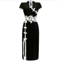2020 Summer new short sleeve round neck Hepburn wind buckle cheongsam high waist slim cut hip long dress