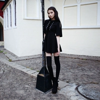 Dark Nun Wind Ngực nhung ren đen đầm đen Gothic gas Killstar 	váy dây rút eo	