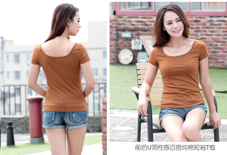 纯棉短袖t恤女U领短款夏装韩范修身百搭性感纯色打底衫半袖女体恤详情2